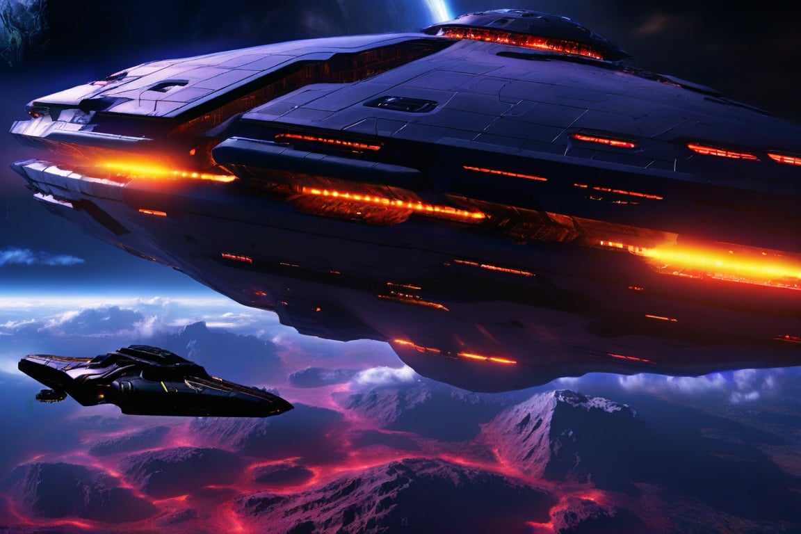 A dark, foreboding large alien spaceship looms in the crimson-streaked sky, its hull a mesh of jagged metallic plates illuminated by eerie yellow lighting as it captures a small space ship with a tractor beam. The planet below, a terrestrial gem with wispy blue clouds and verdant continents, remains oblivious to the looming threat.