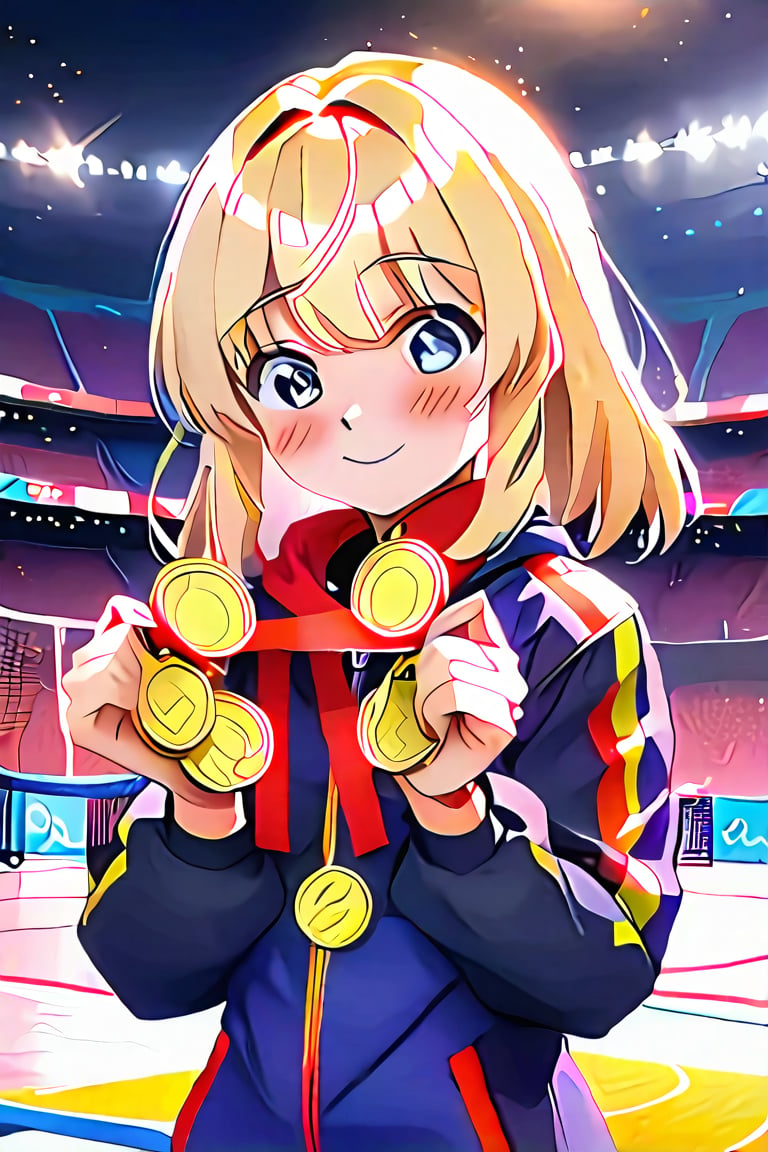 A cute anime girl receiving a Gold medal at the Olympics