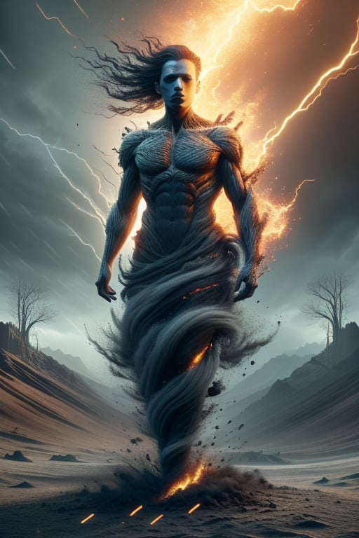 [Prometheus] full body, rule of thirds, sixteen year old Prometheus as Mesopotamian god Šubula, charcoal skin tone, god of underworld, wearing black and navy, ash and soot in the air, lightning raining down, gray sand desert in the background, cinematic, ultra detailed, visually rich, concept art, intricate details, extremely detailed, ultra sharp focus, attention to detail, grandeur and awe, stunning visual masterpiece, double exposure, 32k, photorealistic, strong outlines, cinematographic scene, highest quality,DonM3l3m3nt4l