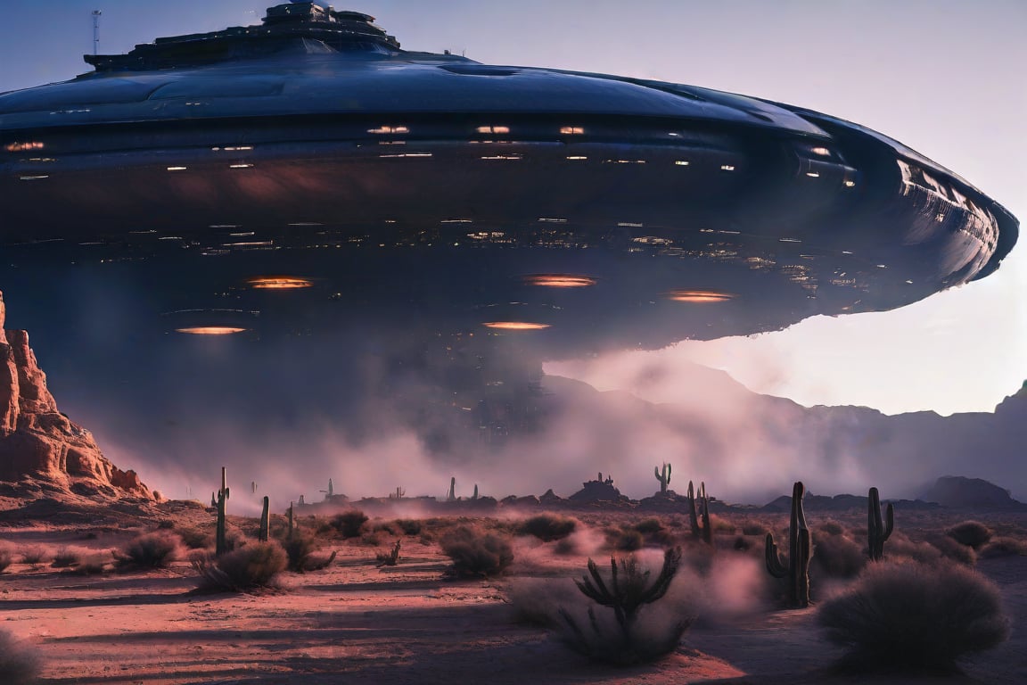 A Hulking mass of a Menacing Alien spaceship descends from a dusty, cloudless night sky onto the arid desert landscape, its landing struts sinking into the sandy terrain. The camera frames the spaceship's metallic body glinting in the harsh sunlight, casting long shadows behind it against the barren, rocky outcroppings and sparse cacti. As the craft touches down, a plume of orange dust rises, surrounded by the desolate landscape. The cockpit door slides open, releasing a swirl of fog carrying the eerie whispers of an alien presence.