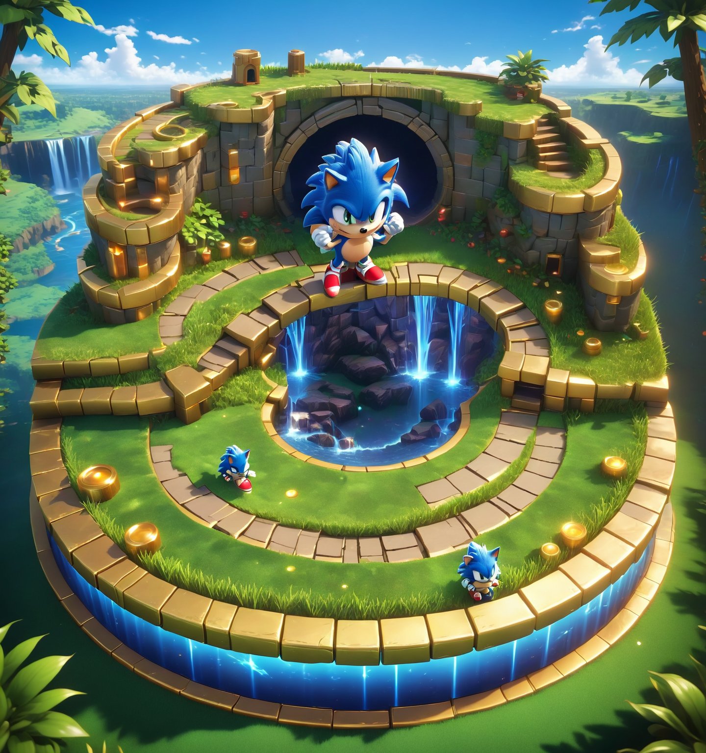 An image of the popular game Sonic the hedgehog, with a layout showing grass, golden rings on pathways, waterfalls, layered, checkered  walls, Isometric view