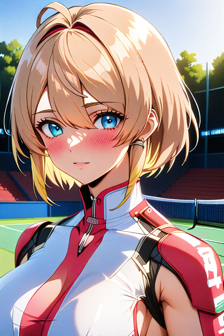 masterpiece, best quality, ultra-detailed, perfect anatomy, High detailed, detailed background, beautiful face, Claudia, nanasemei, nonomiyatsugumi, flat chest, extremely pretty face, beautiful face, ultra-detaild face, cute face, shiny blonde hairs, short hair, ultra-detailed eyes, round eyes, attractive eyes, deep blue eyes, beautiful eyebrow, (eyelashes:0.4), Bishojo, beautiful nose, parted_lips, Serious expression, blush,parted lips, During a tennis match, sport cap, holding, outdoor, sunny, dynamic angle, Three-quarter shot, dynamic pose, ,perfect fingers, score_9, score_8_up, score_7_up,anime style