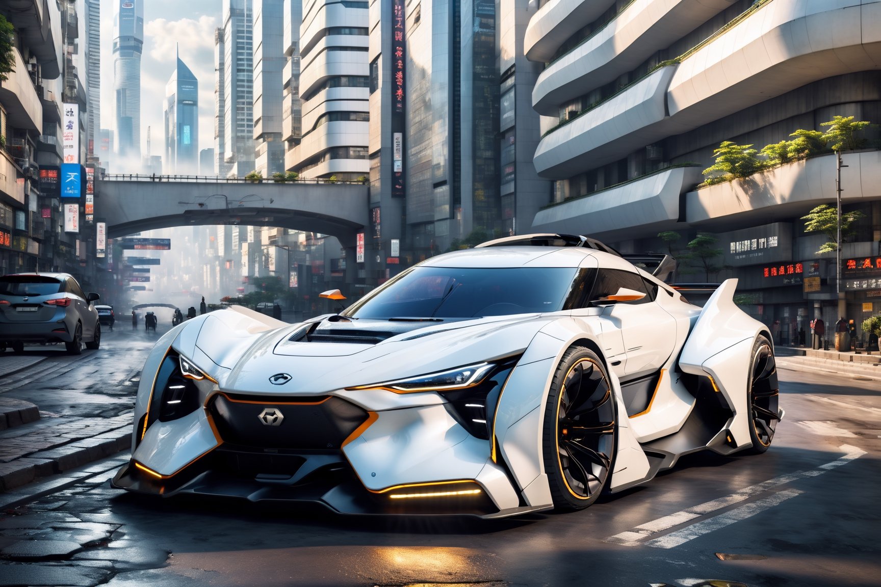 A futuristic hi-tech  Super car inspired by Daihatsu, Cyberpunk-inspired Super car, White, black spoked wheels, on the road in city area background, at mid day time, front view, symmetrical, 