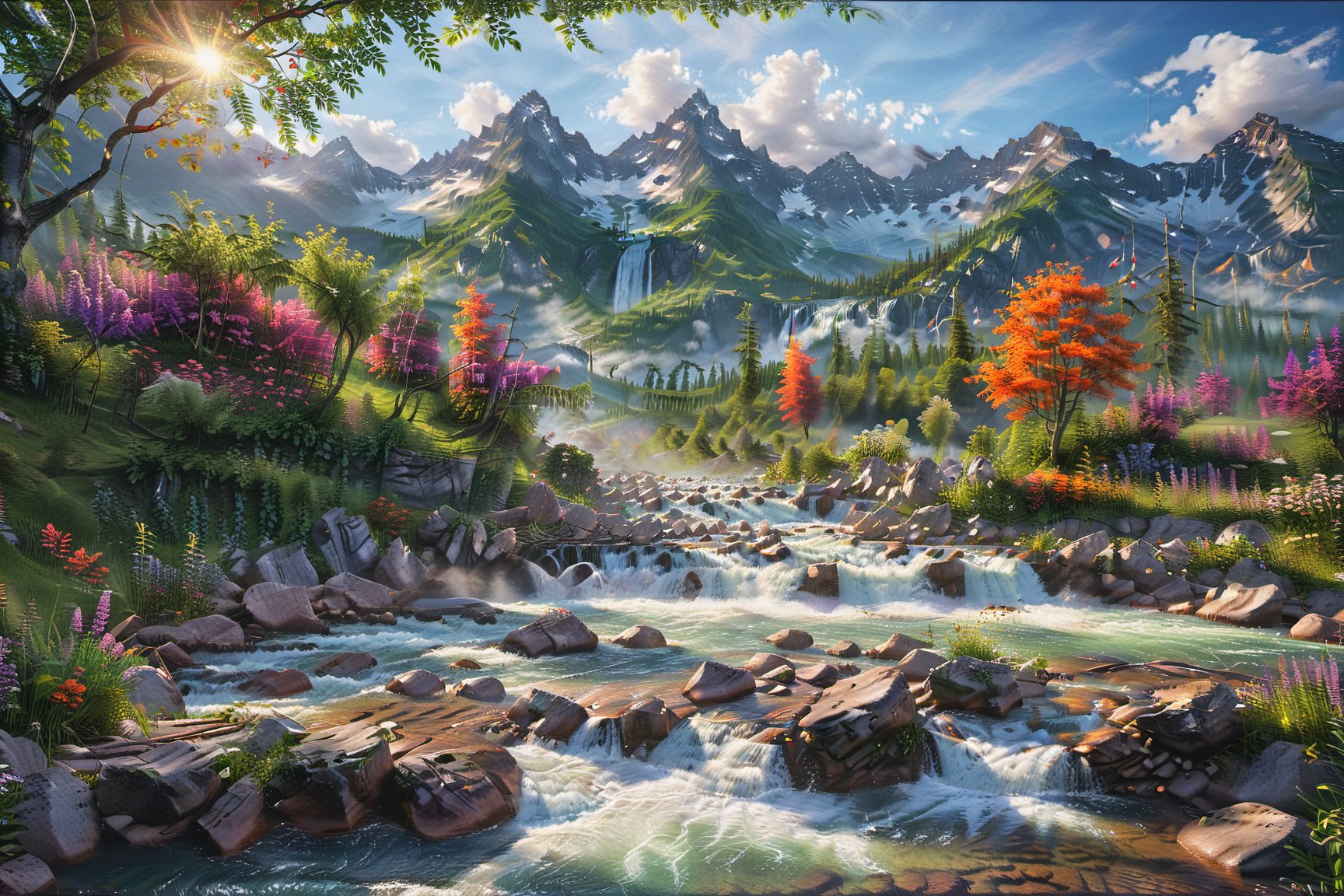 A beautiful fantasy landscape, with mountains and trees, and a majestic sky with white clouds, a lake can be seen that has fast flowing water showing river rapids, waterfalls cascading down from hills, reflecting the sky, the grass is green and dark purple like lavenderfield, red/orange /yellow/ blue flowers that brings magic to the place, it was morning day, cinematic 8k photography shot by Sony cameras, ultra realistic,more detail XL