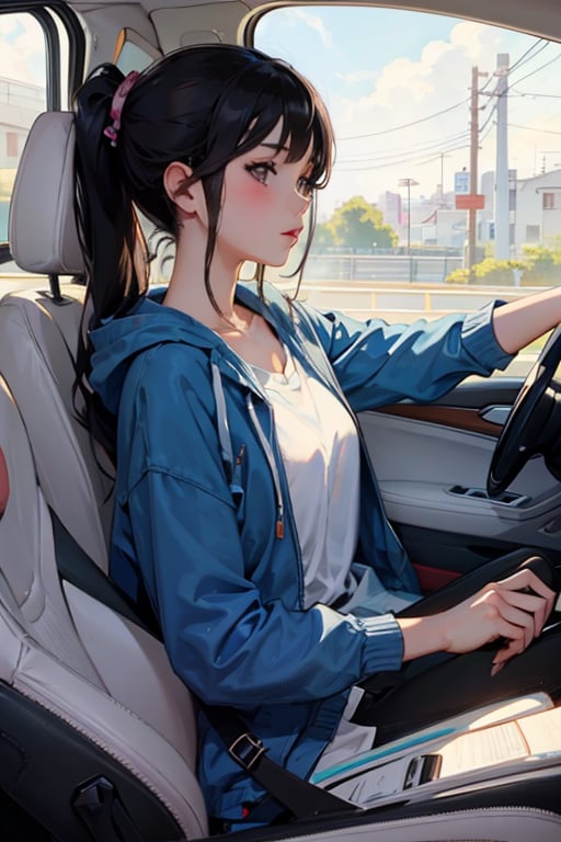Cute anime girl driving a car