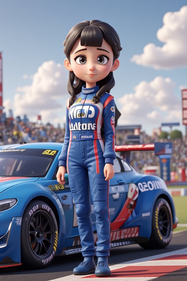 ((2woman)),  2Anime girls, full body, 3D cartoon figure girl, with great attention to detail, beautiful and delicate eyes, motor racer anime girls, wearing blue racing clothes, standing on next to a race car, detailed, dynamic beautiful pose, dynamic pose, natural light, ((realistic)) quality: 1.2), dynamic distance shot, cinematic lighting, perfect composition, super detail, masterpiece, (best) quality: 1.3), reflection, high resolution CG Unity 8K wallpaper, simple background, masterpiece, (photorealistic): 1.2), random angle, side angle, full body,