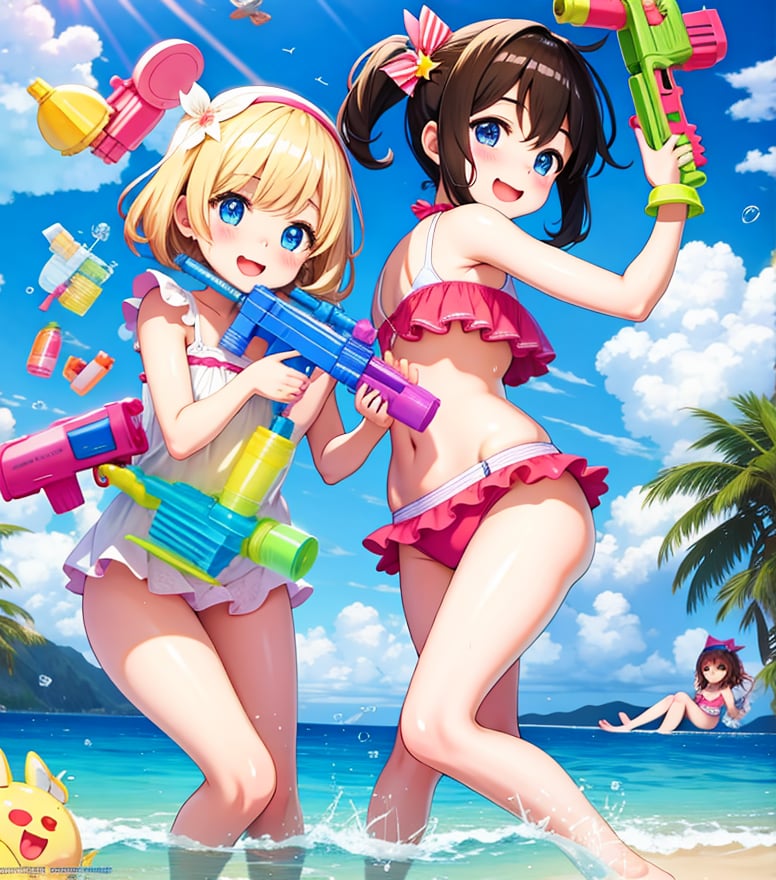 2 Cuute Anime girls on the beach playing with a water gun, super Soaker