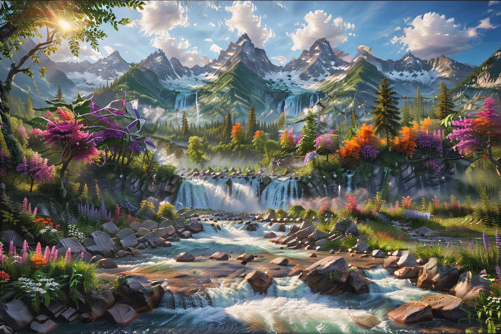 A beautiful fantasy landscape, with mountains and trees, and a majestic sky with white clouds, a lake can be seen that has fast flowing water showing river rapids, waterfalls cascading down from hills, reflecting the sky, the grass is green and dark purple like lavenderfield, red/orange /yellow/ blue flowers that brings magic to the place, it was morning day, cinematic 8k photography shot by Sony cameras, ultra realistic,more detail XL