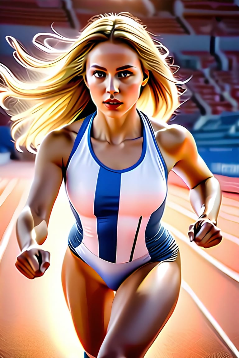 Azure Lane, dressed in a sleek white and blue Olympic sprinting uniform, bursts forth from the starting block, her long blonde hair flowing behind her like a banner. The camera captures her determined expression as she pumps her arms and takes off down the track, the sun-drenched stadium seats blurred into a warm orange haze. Azure's legs are a blur of motion, her feet pounding out a rhythmic cadence on the asphalt as she gives it her all.