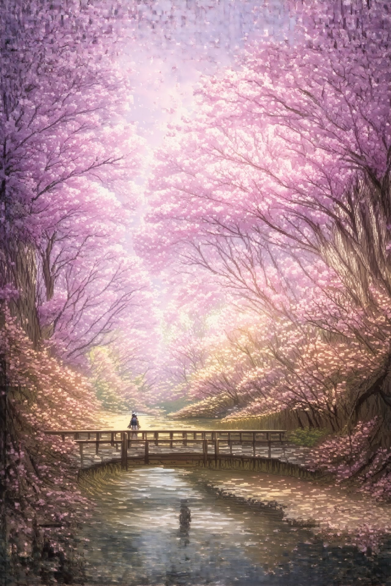 "Design a stunning 4K anime scene of a vibrant cherry blossom grove at sunset. Soft pink petals drift through the air, while golden light filters through the trees, casting a warm glow over a peaceful river winding through the landscape. A solitary figure stands on a bridge, admiring the serene beauty of nature."