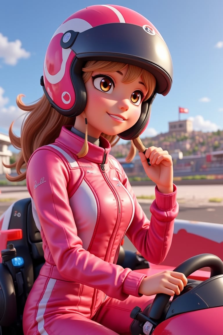 Anime girl, full body, 3D cartoon figure girl, with great attention to detail, beautiful and delicate eyes, motor racer anime girl, wearing pink racing clothes, in a race car, detailed, dynamic beautiful pose, dynamic pose, natural light, to scale, ((realistic)) quality: 1.2), dynamic distance shot, cinematic lighting, perfect composition, super detail, masterpiece, (best) quality: 1.3), reflection, high resolution CG Unity 8K wallpaper, simple background, masterpiece, (photorealistic): 1.2), random angle, side angle, full body,