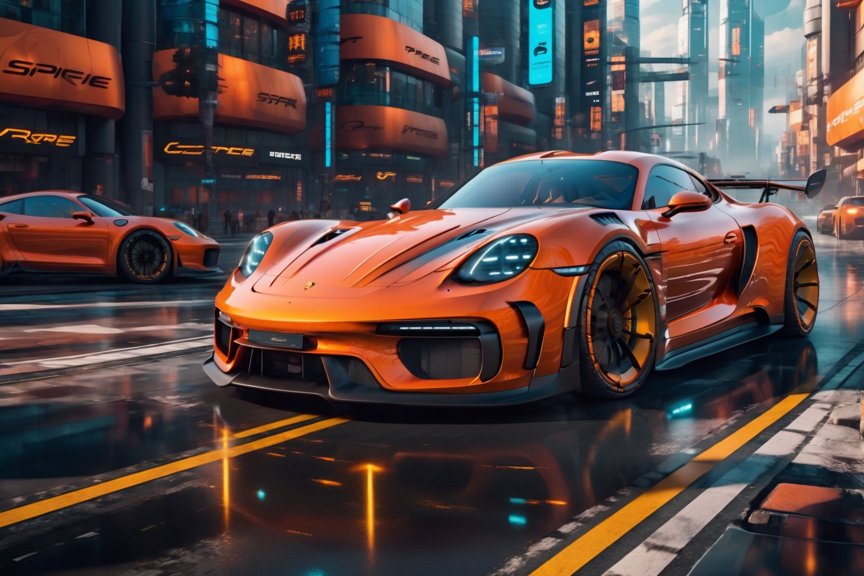 A futuristic hi-tech  Super car inspired by Porsche, Cyberpunk-inspired Super car, Orange, black spoked wheels, on the road in city area background, at mid day time, front view, symmetrical, 