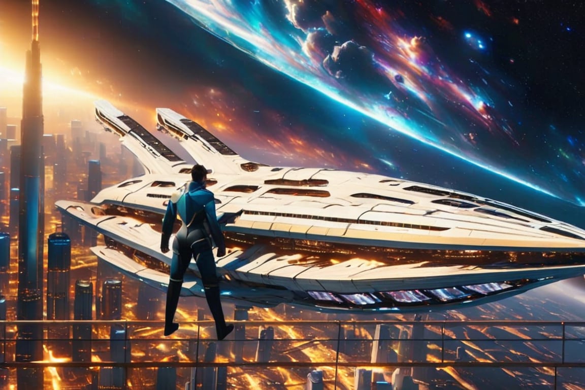 A lone space ship descends into a city  of the desert landscape, its metallic surface reflecting the scorching sun's rays. In the distant background, a celestial canvas showcases a stunning City, their vibrant hues and swirling clouds a striking contrast to the Futuristic city. The ship's landing gear stretches out as it settles onto the city expanse.