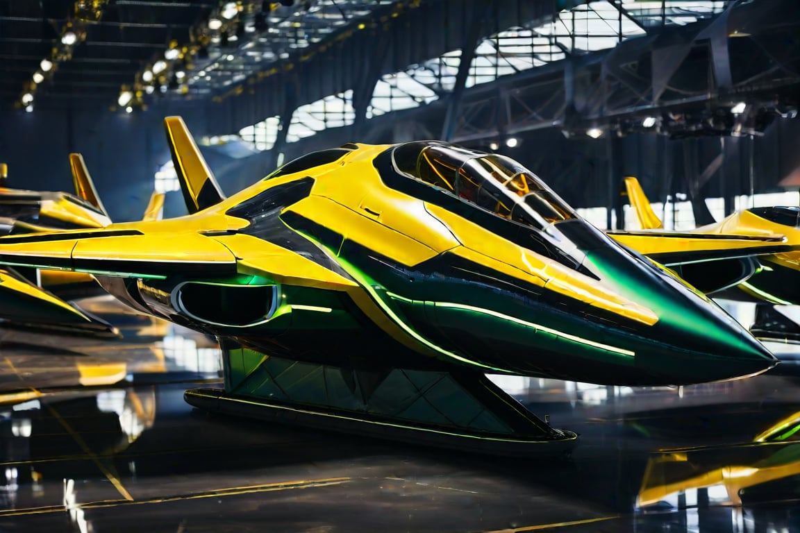 score_9, score_8_up, score_7_up, Masterpiece, 8k, sleek, Yellow and green space fighter craft,  its metallic surface reflecting the brightlights of the futuristic hangar. The aircraft's angular lines  are illuminated from within, casting an eerie glow. In the background, rows of identical vessels stand at attention, their cockpits gleaming like polished mirrors. The landing gear retracts as the jet comes to a halt, its pilot's helmeted figure emerging from the cockpit, gazing out at the bustling hangar with a mixture of exhaustion and triumph.