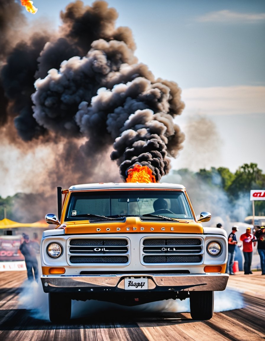 A picture of a 1971 Dodge Ram, Diesel with hot rod side pipes,  text "got oil" text, full car body image, parked on a drag strip, thick black smoke, tyre smoke, Cannon EOS 5D Mark III, 85mm,better photography,Extremely Realistic ,Text