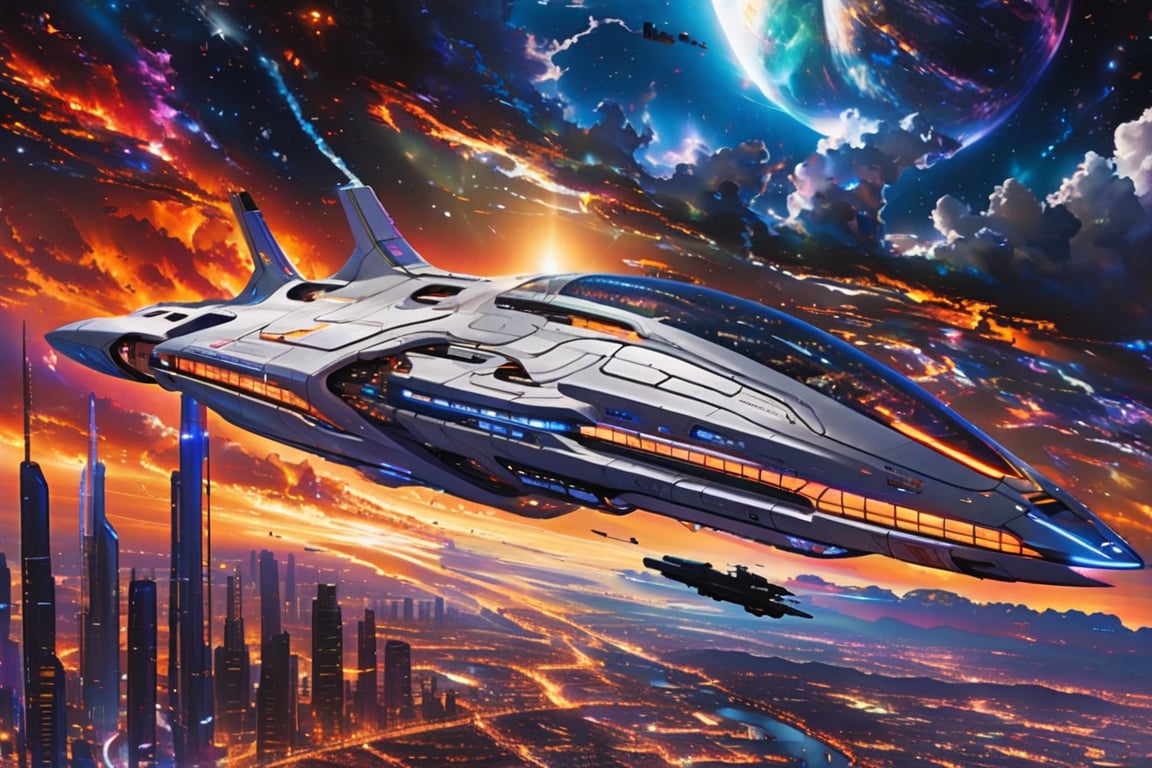 A lone space ship descends into a city  of the desert landscape, its metallic surface reflecting the scorching sun's rays. In the distant background, a celestial canvas showcases a stunning City, their vibrant hues and swirling clouds a striking contrast to the Futuristic city. The ship's landing gear stretches out as it settles onto the city expanse.