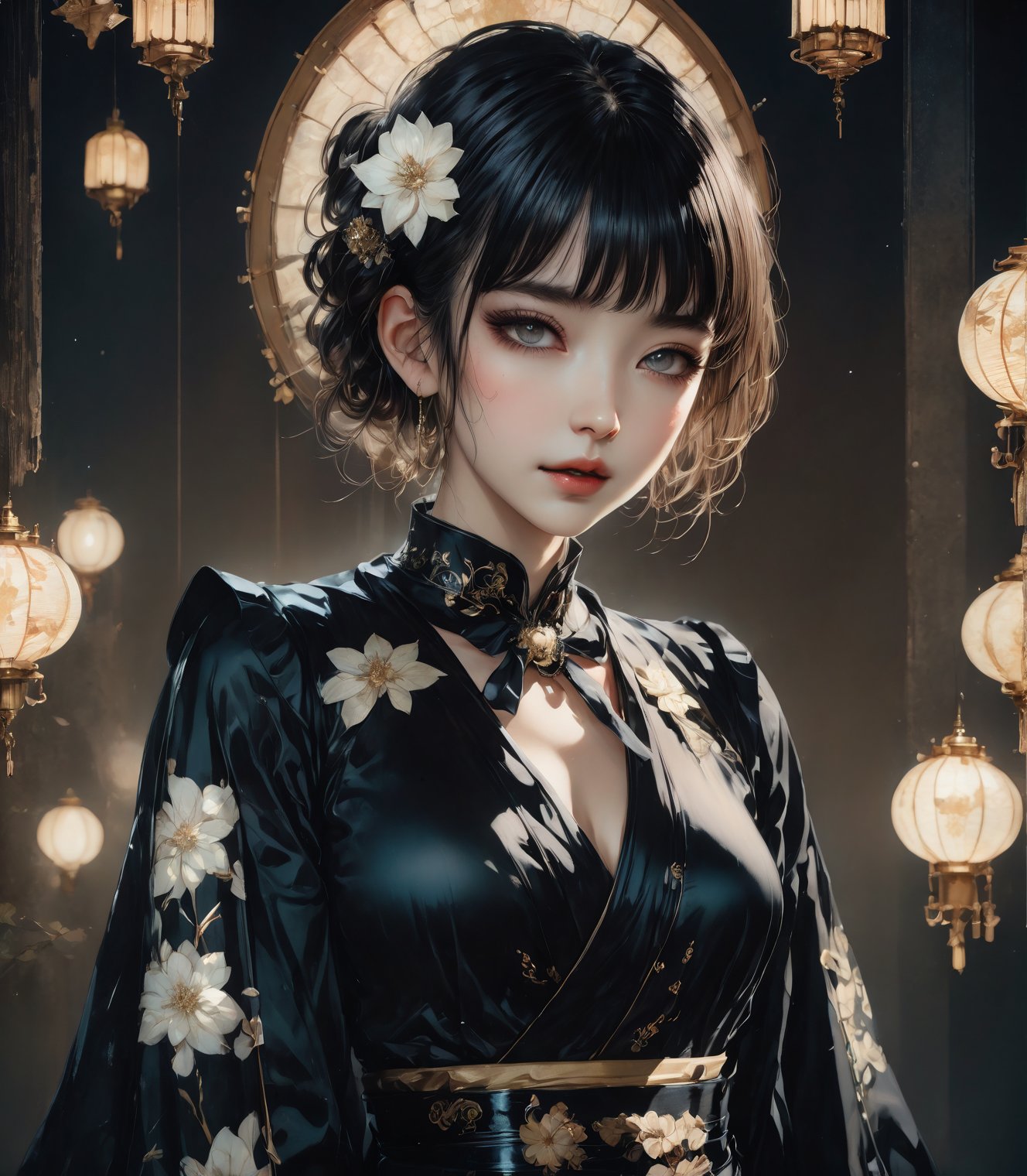 high quality, high quality 32k  Woman in a gothic setting, grunge inspired with Yuko Shimizu, Masamune Shirow, Inio Asano, and Junji Ito's styles, high fashion elements in a dark and ambiguous atmosphere, hair flowing into a radiant lily, body embellished with crystals, luminism, bioluminescence, expression brimming with hyperrealism, stands with dark beauty, cinematic lighting, visual enhancement through triple exposure technique, accentuating the character's impeccably depicted fingers and idealised form, Japanese ink techniques, chiaroscuro effects, medium shot, high quality, ultra hd,emo