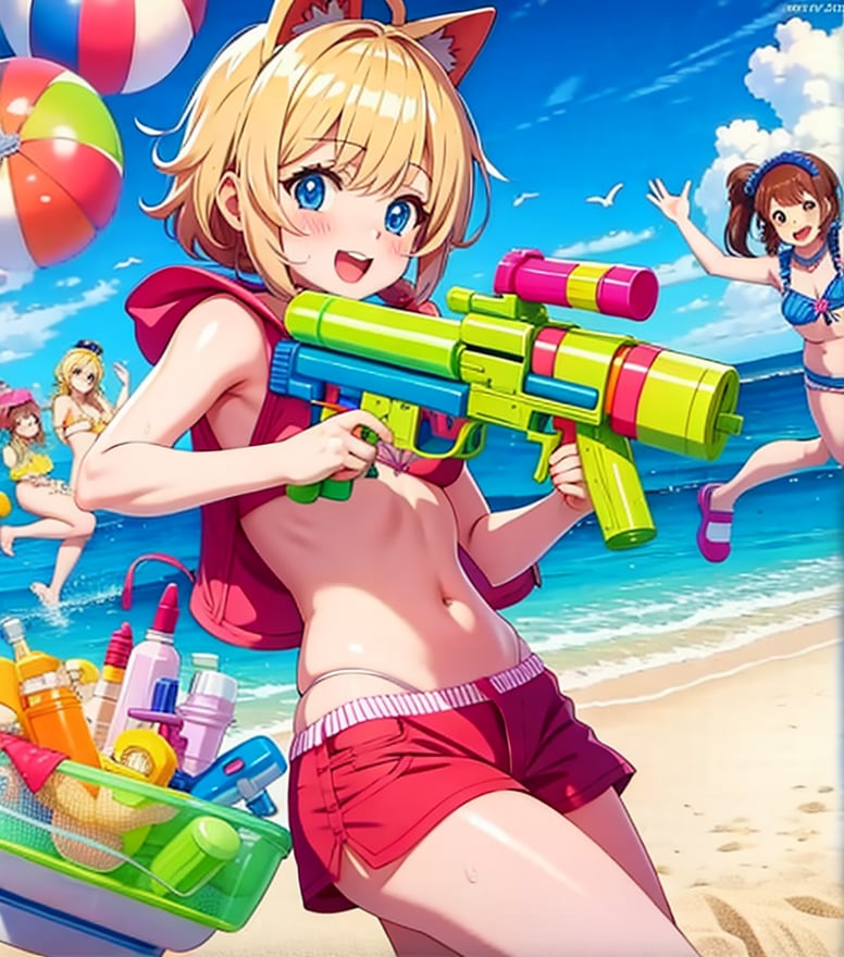 2 Cute 18 year old Anime girls on the beach playing with a super Soaker