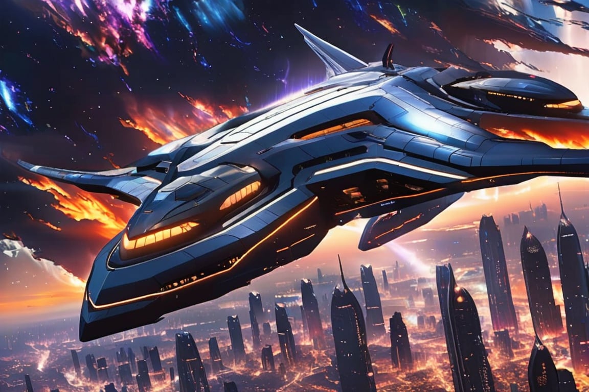 A dark menacing alien space ship descends into a city  of the desert landscape, its metallic surface reflecting the scorching sun's rays. In the distant background, a celestial canvas showcases a stunning City, their vibrant hues and swirling clouds a striking contrast to the Futuristic city. The ship's landing gear stretches out as it settles onto the city expanse.