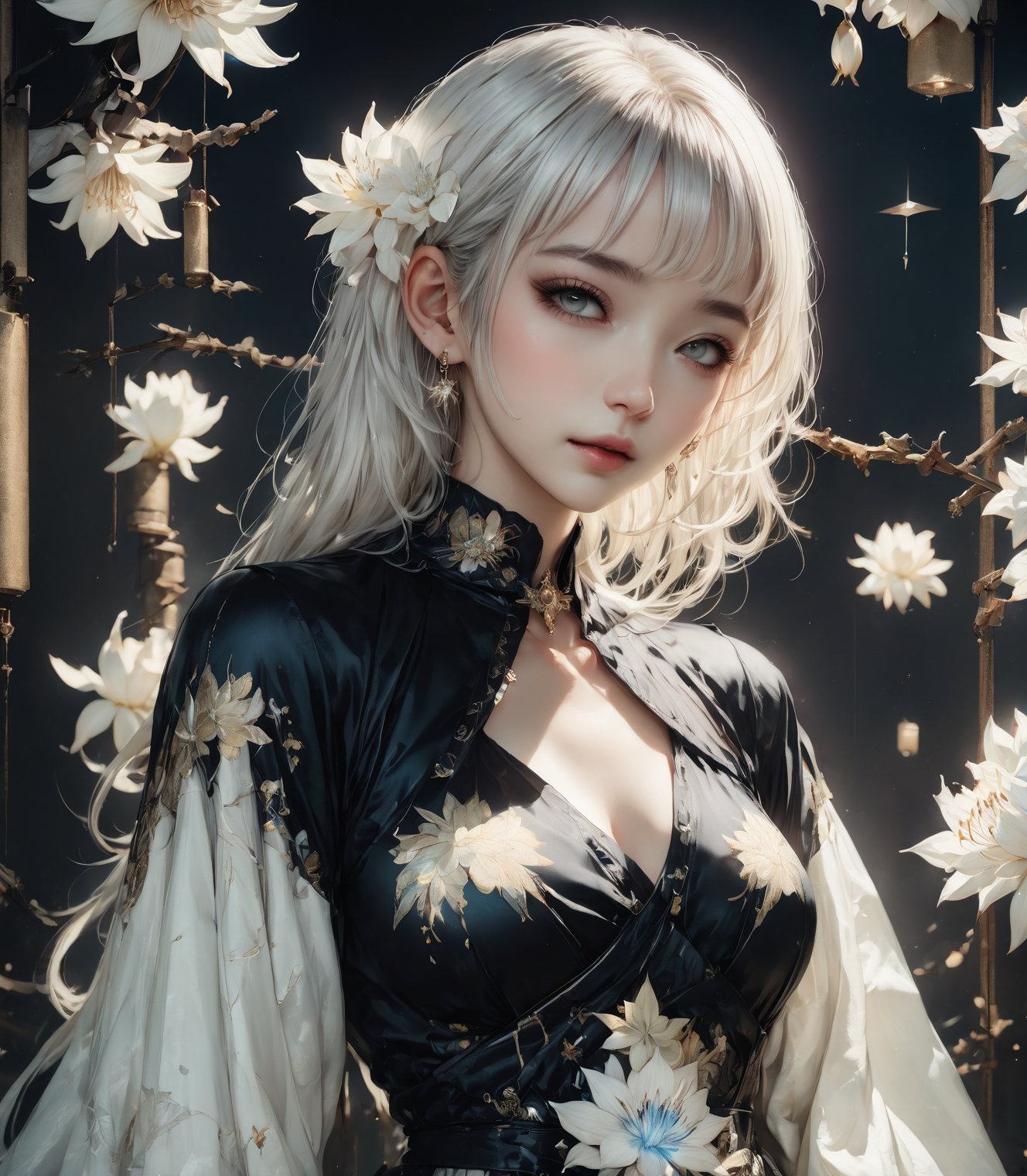 high quality, high quality 32k  Woman in a gothic setting, grunge inspired with Yuko Shimizu, Masamune Shirow, Inio Asano, and Junji Ito's styles, high fashion elements in a dark and ambiguous atmosphere, White hair flowing into a radiant lily, body embellished with crystals, luminism, bioluminescence, expression brimming with hyperrealism, stands with dark beauty, cinematic lighting, visual enhancement through triple exposure technique, accentuating the character's impeccably depicted fingers and idealised form, Japanese ink techniques, chiaroscuro effects, medium shot, high quality, ultra hd,emo