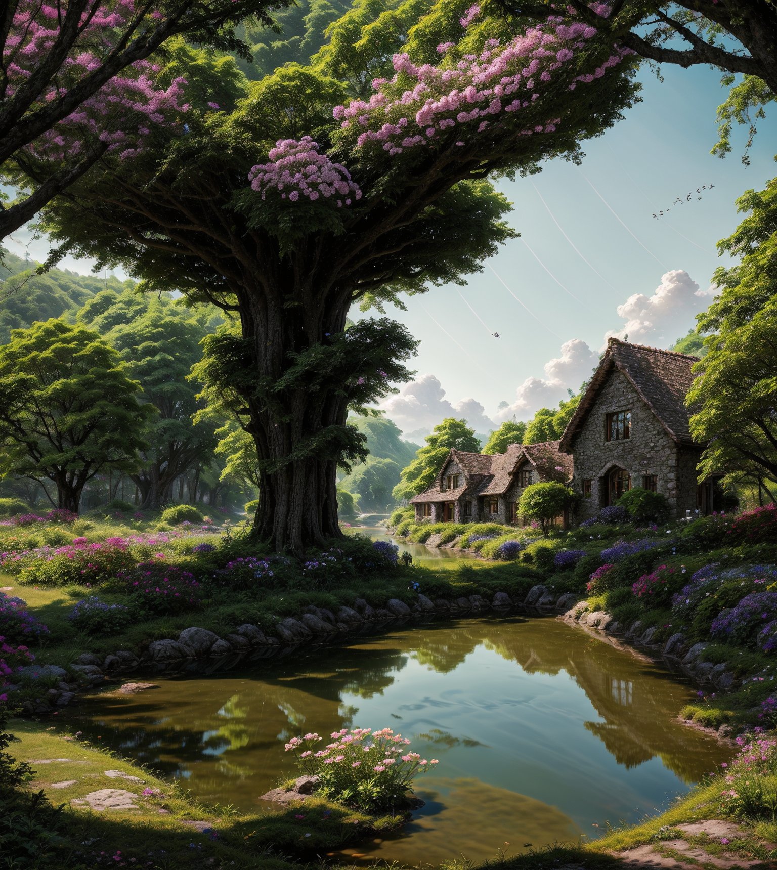 8K Anime style,  The gentle flow of the river mirrors the beauty of the stone country house, its waters shimmering with reflections of the surrounding greenery and blooming flowers of all colours, all depicted in an anime-inspired digital art style that brings a touch of whimsy to the idyllic setting,photorealistic,Nature,High detailed 