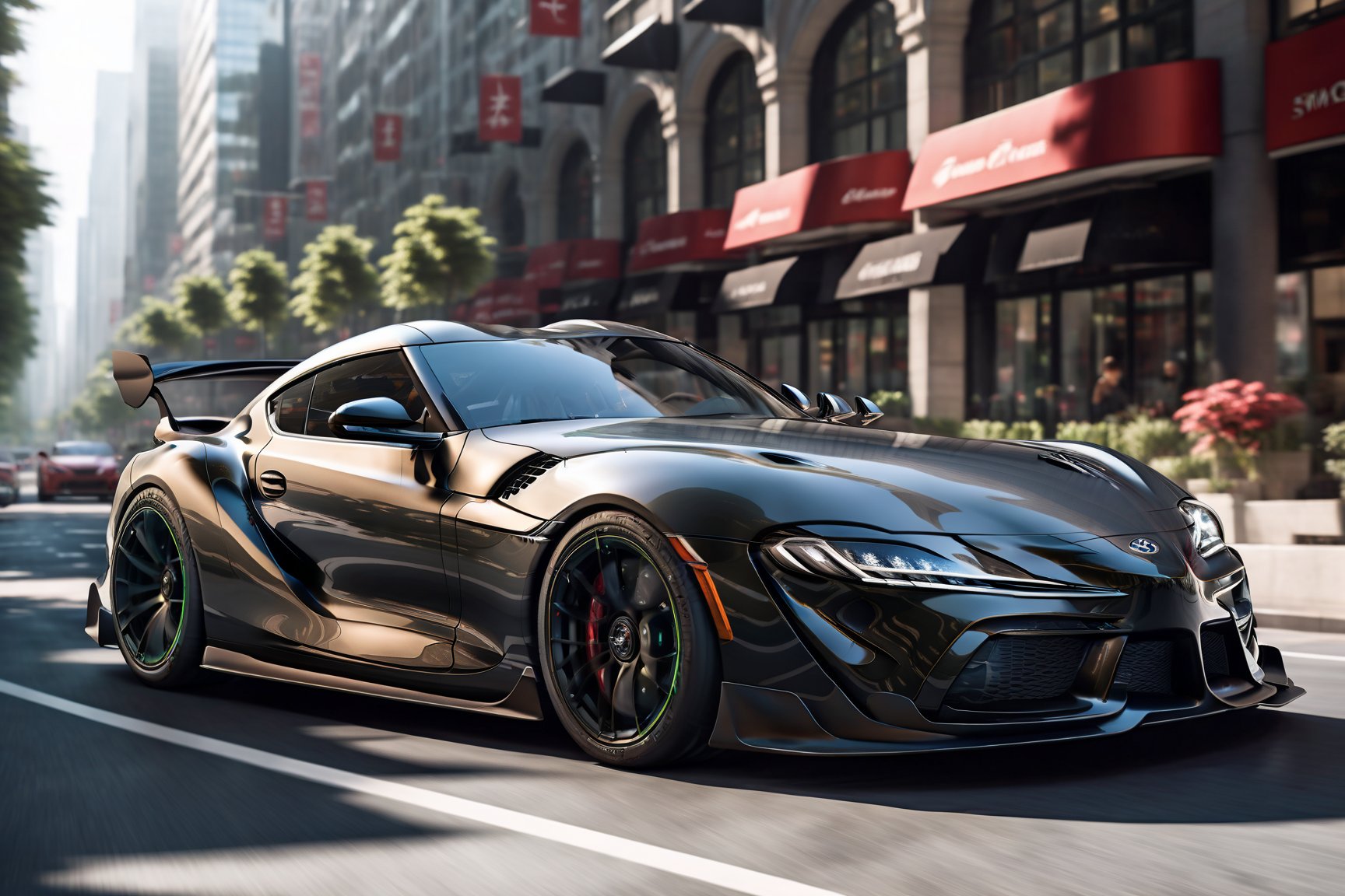 A Toyota Supra-inspired black supercar, its cutting-edge design gleaming in the noon sun, glides down a bustling city street. Black spoked wheels stretch out like dark tentacles, accentuating the vehicle's sharp lines and angular shape. The symmetrical front view points straight ahead, poised for action. Against the vibrant urban backdrop of towering skyscrapers and pedestrians, the matte-finish supercar stands out, its sleek silhouette a testament to innovative design.