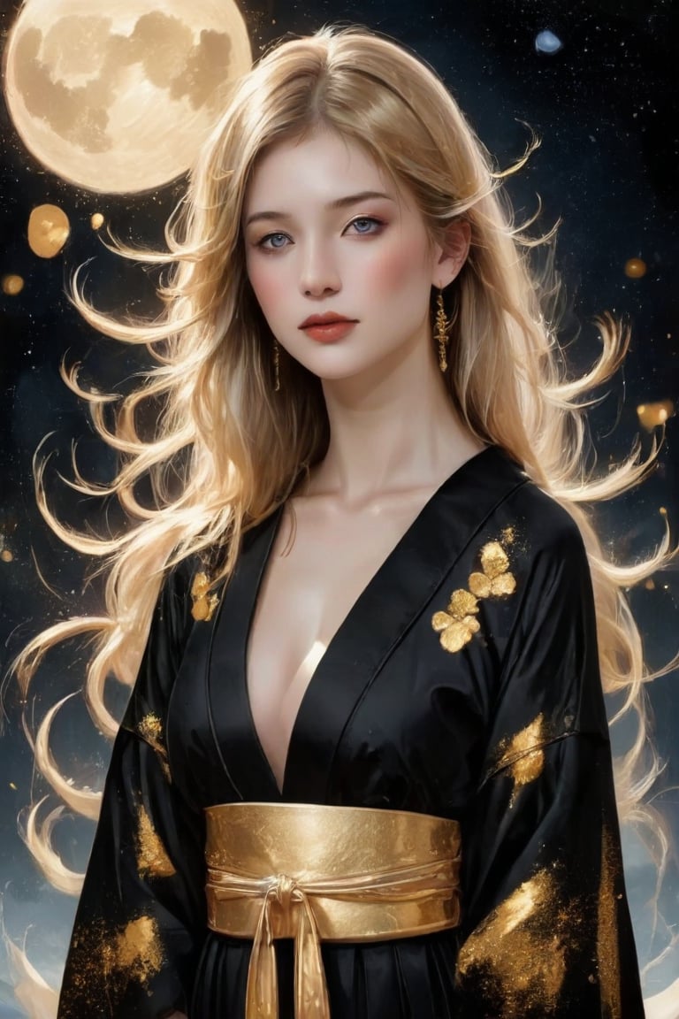 Beautiful girl. She is very cool, she is wearing a very luxurious Black hakama outfit. intwined with gold, gold jewellery,  detailed image, detailed skin, upper body, looking at the viewer. Black background, ((masterpiece: 1.2)), light particles, ink drops in the background, Anime style.
