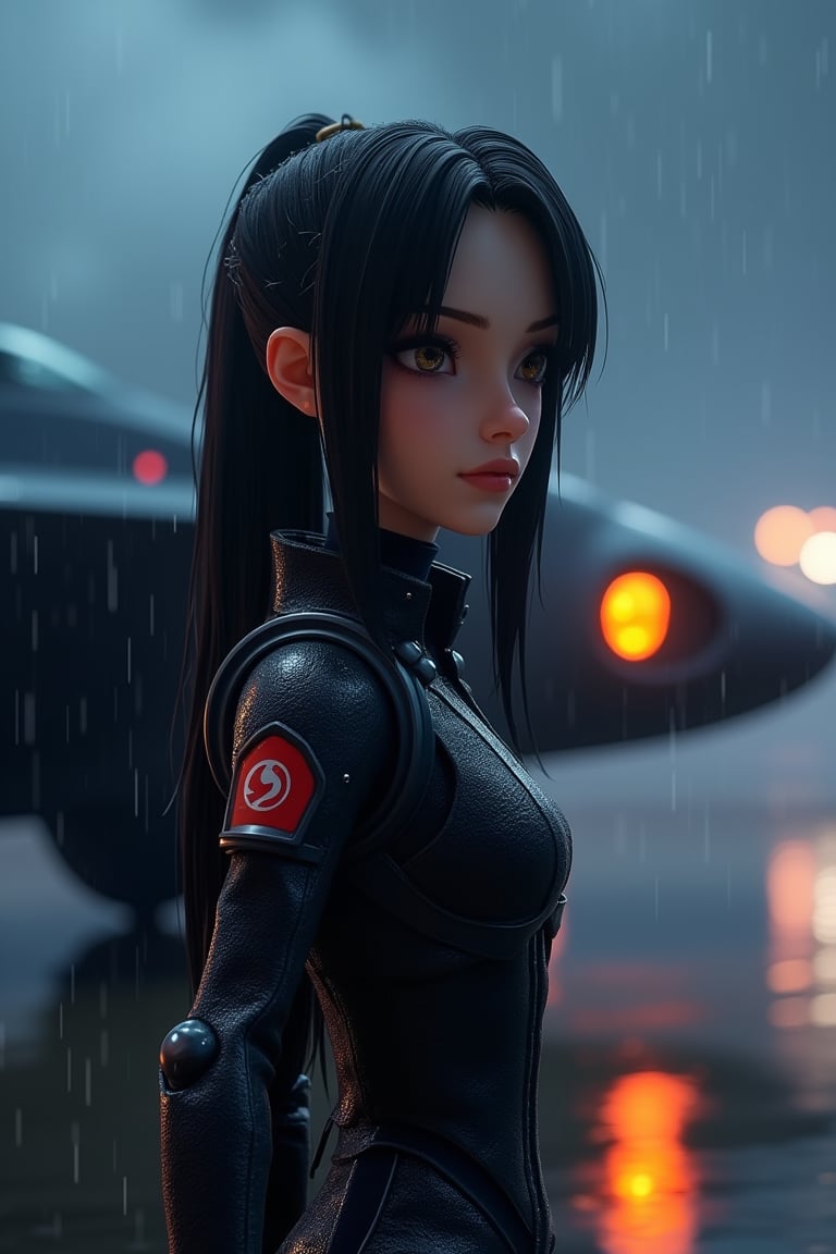 ((2woman)),  2Anime girls, full body, 3D cartoon figure girl, with great attention to detail, beautiful and delicate eyes, wearing shiny black flight suit clothes, standing on next to a futuristic space ship, at night in the rain. detailed, dynamic beautiful pose, dynamic pose, natural light, ((realistic)) quality: 1.2), dynamic distance shot, cinematic lighting, perfect composition, super detail, masterpiece, (best) quality: 1.3), reflection, high resolution CG Unity 8K wallpaper, simple background, masterpiece, (photorealistic): 1.2), random angle, side angle, full body,