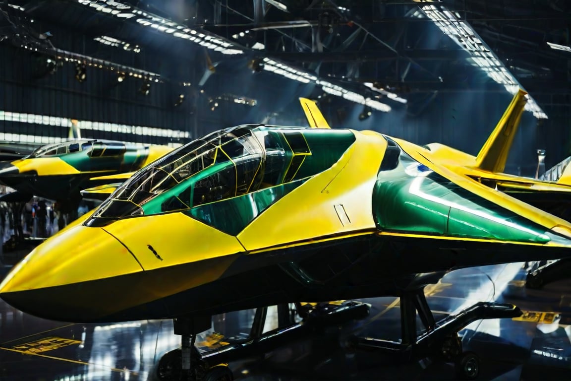 score_9, score_8_up, score_7_up, Masterpiece, 8k, sleek, Yellow and green space fighter craft,  its metallic surface reflecting the brightlights of the futuristic hangar. The aircraft's angular lines  are illuminated from within, casting an eerie glow. In the background, rows of identical vessels stand at attention, their cockpits gleaming like polished mirrors. The landing gear retracts as the craft comes to a halt, its pilot's helmeted figure emerging from the cockpit, gazing out at the bustling hangar with a mixture of exhaustion and triumph.