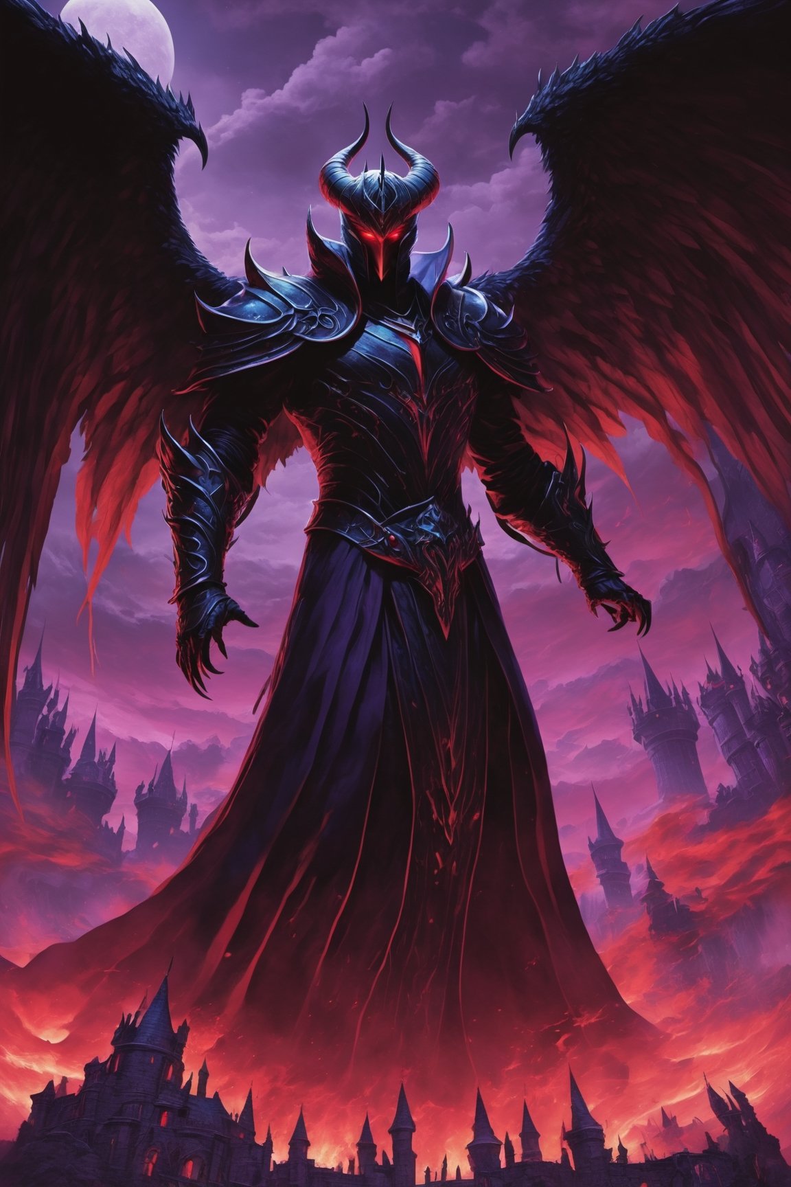 high quality, 8K Ultra HD, In the abyssal heart of enchantment, behold the ominous presence of Venger, one horn, black and red clothes, crafted with audacious otherworldly finesse, as seen in the cartoon tv show dungeons and Dragons, Standing amidst the haunting shadows of a infernal castle, he is accompanied by a resplendent black shadow creature, a mythical sentinel born from the very essence of nightmares, Its coat absorbs the eerie brilliance of spectral moonlight, embodying the darkness with an ethereal grace, With red eyes reflecting the torment of epochs, the celestial herald proudly stands by  Vengers side, forging a haunting duo in the infernal tapestry,　their presence unfolds like a macabre symphony of ethereal radiance, the Dark Angel soaring with the bold grace of infernal majesty, by Toei animation, high detailed,LegendDarkFantasy