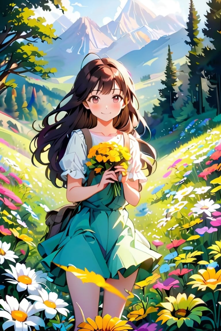 A cute anime girl in a field of wild flowers