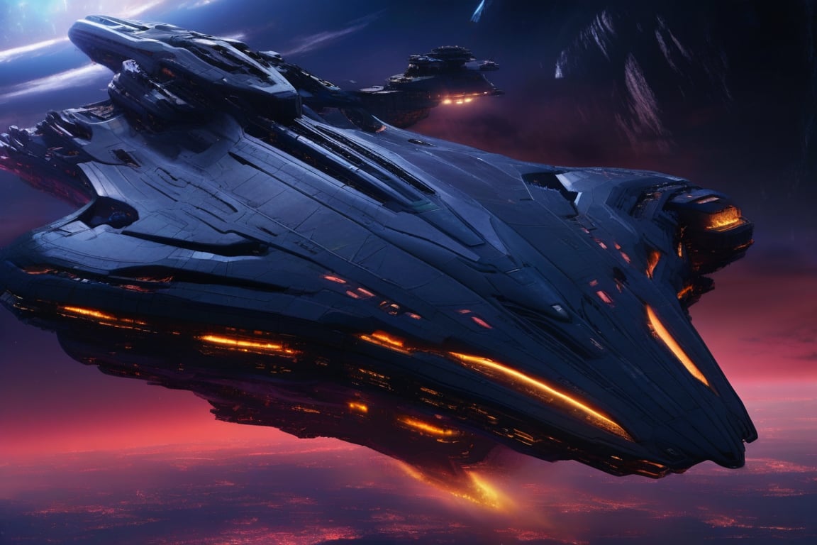 A dark, foreboding large alien spaceship looms in the crimson-streaked sky, its hull a mesh of jagged metallic plates illuminated by eerie yellow lighting as it captures a small space ship with a tractor beam. The planet below, a terrestrial gem with wispy blue clouds and verdant continents, remains oblivious to the looming threat.