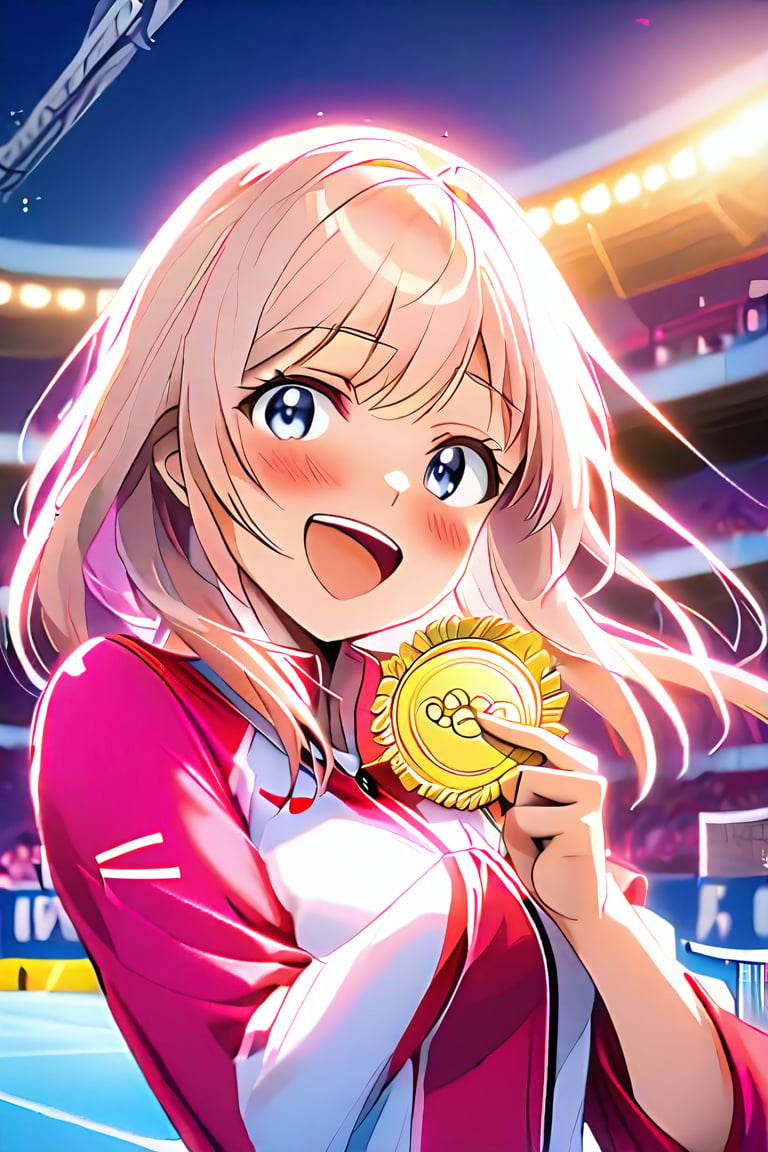 A close-up shot of a beaming cute anime girl, dressed in a bright pink and white uniform, holding a gleaming gold Olympic medal aloft. The lighting is soft and warm, with a subtle glow surrounding her triumphant pose. In the background, a blurred crowd cheers and chants, while the Olympic stadium's vibrant blue track stretches out behind her. Her eyes sparkle with joy, and a smile spreads across her face as she cradles the medal in her hands, basking in the adoration of the audience.