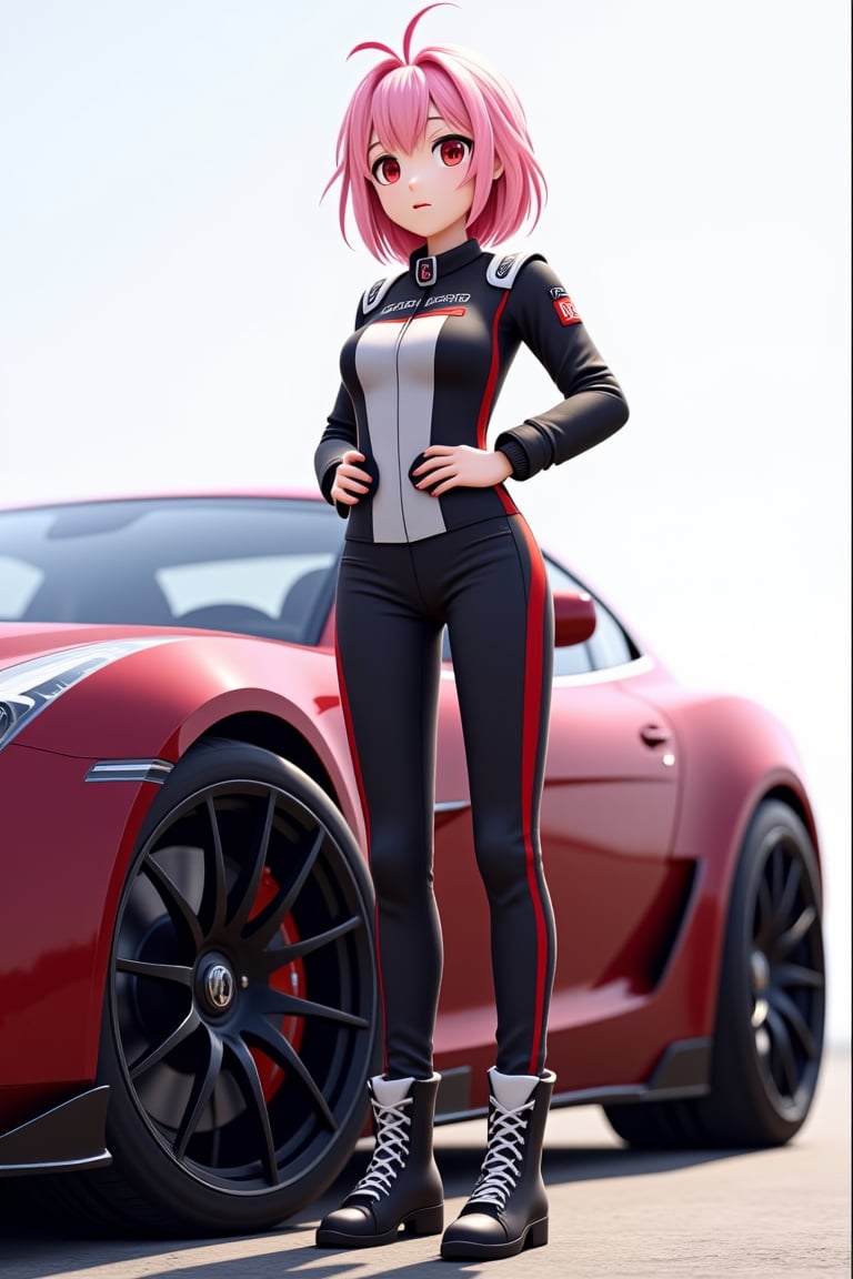 ((2woman)),  2Anime girls, full body, 3D cartoon figure girl, with great attention to detail, beautiful and delicate eyes, pink hair, motor racer anime girls, wearing racing clothes, standing on next to a race car, detailed, dynamic beautiful pose, dynamic pose, natural light, ((realistic)) quality: 1.2), dynamic distance shot, cinematic lighting, perfect composition, super detail, masterpiece, (best) quality: 1.3), reflection, high resolution CG Unity 8K wallpaper, simple background, masterpiece, (photorealistic): 1.2), random angle, side angle, full body,