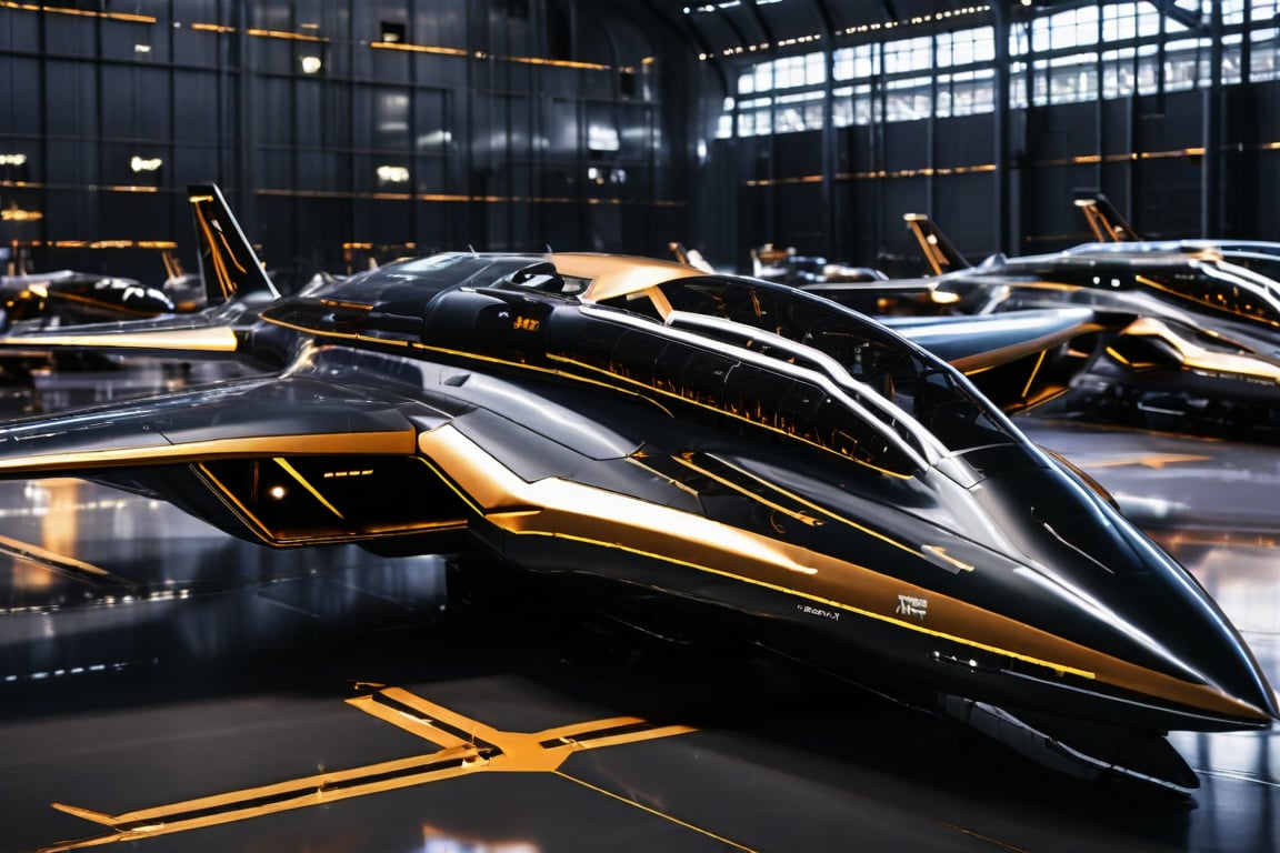 A sleek, Black and gold space fighter craft,  its metallic surface reflecting the brightlights of the futuristic hangar. The aircraft's angular lines  are illuminated from within, casting an eerie glow. In the background, rows of identical vessels stand at attention, their cockpits gleaming like polished mirrors. The landing gear retracts as the jet comes to a halt, its pilot's helmeted figure emerging from the cockpit, gazing out at the bustling hangar with a mixture of exhaustion and triumph.