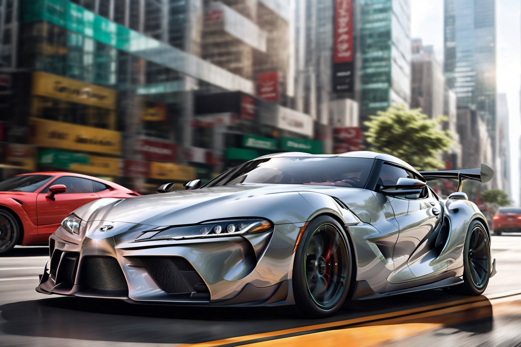 A sleek silver supercar, inspired by Toyota Supra  cutting-edge design, glides down a bustling city street at noon. The vehicle's sharp lines and angular shape are accentuated by black spoked wheels that seem to stretch out like dark tentacles. The front view is symmetrical, with the car's nose pointed straight ahead as if ready to pounce. The cityscape background provides a vibrant contrast to the supercar's matte finish, with towering skyscrapers and bustling pedestrians creating a dynamic urban landscape.