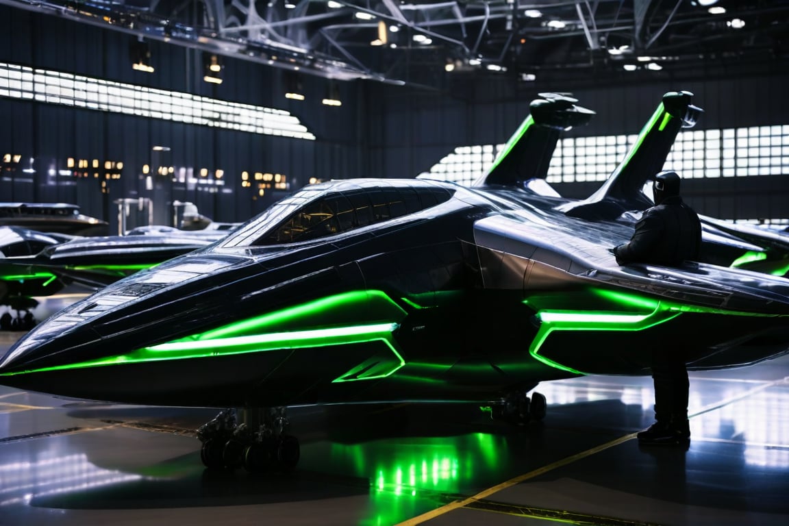 A sleek, Black and green space fighter craft,  its metallic surface reflecting the brightlights of the futuristic hangar. The aircraft's angular lines  are illuminated from within, casting an eerie glow. In the background, rows of identical vessels stand at attention, their cockpits gleaming like polished mirrors. The landing gear retracts as the jet comes to a halt, its pilot's helmeted figure emerging from the cockpit, gazing out at the bustling hangar with a mixture of exhaustion and triumph.