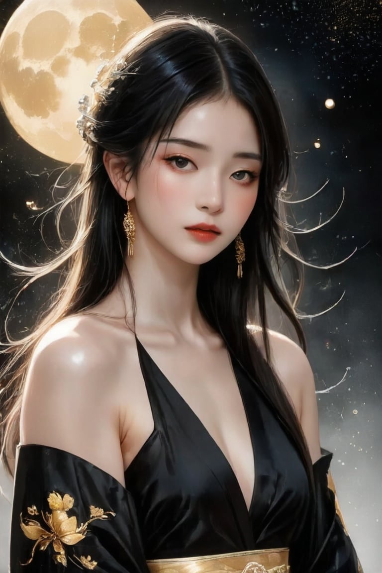 Beautiful girl. She is very cool, she is wearing a very luxurious Black hakama outfit. intwined with gold, gold jewellery,  detailed image, detailed skin, upper body, looking at the viewer. Black background, ((masterpiece: 1.2)), light particles, ink drops in the background, Anime style.
