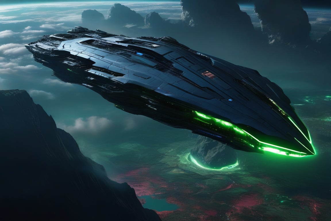 A dark, foreboding alien spaceship, its hull a mesh of jagged metallic plates and eerie green lighting, hangs like a specter in the crimson-streaked sky. The planet below, a terrestrial gem with wispy blue clouds and verdant continents, seems oblivious to the looming threat. As the ship's shadow creeps across the landscape, an air of unease settles over the unsuspecting inhabitants.