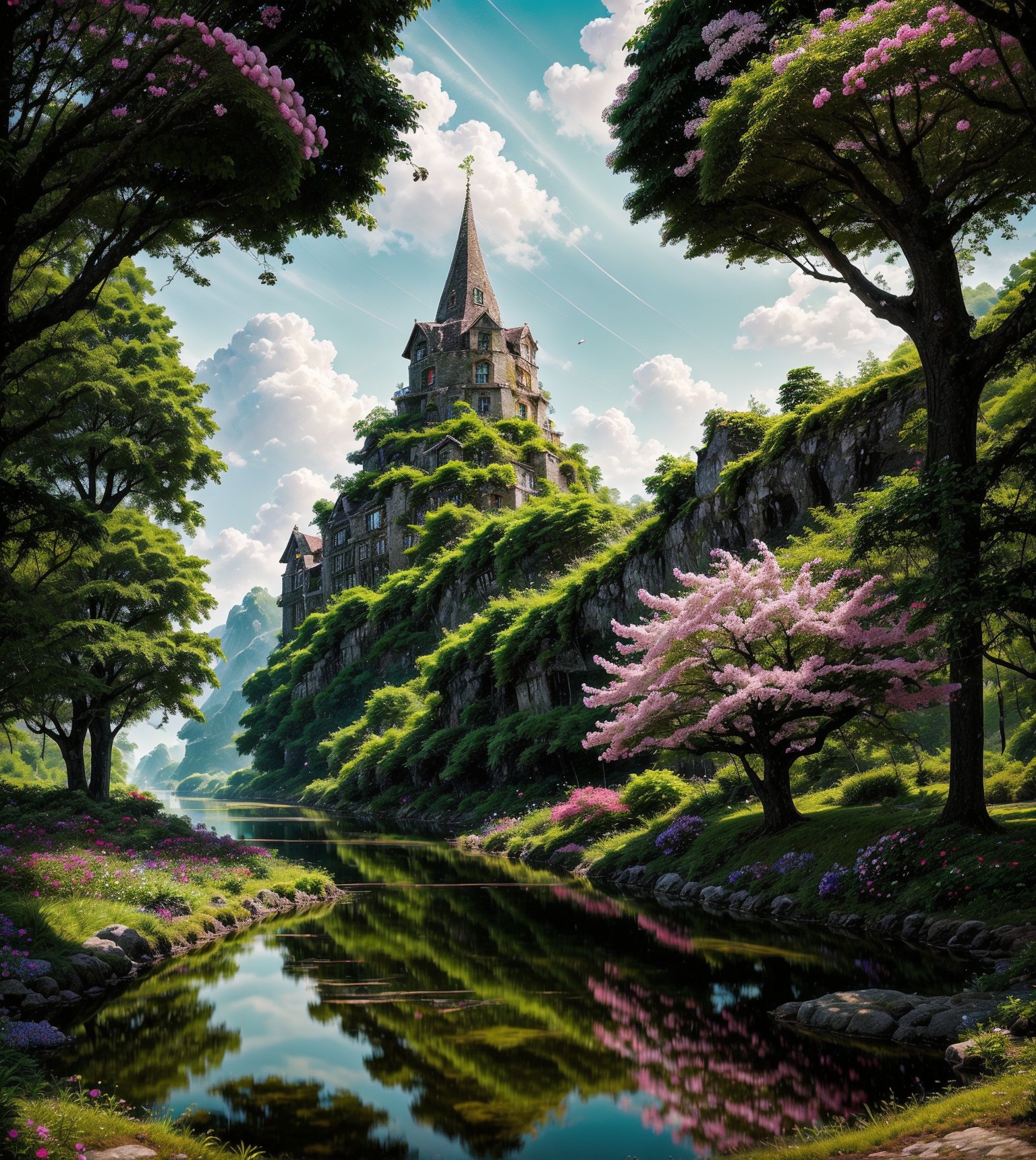 8K Anime style,  The gentle flow of the river mirrors the beauty of the stone country house, its waters shimmering with reflections of the surrounding greenery and blooming flowers of all colours, all depicted in an anime-inspired digital art style that brings a touch of whimsy to the idyllic setting,photorealistic,Nature,High detailed 