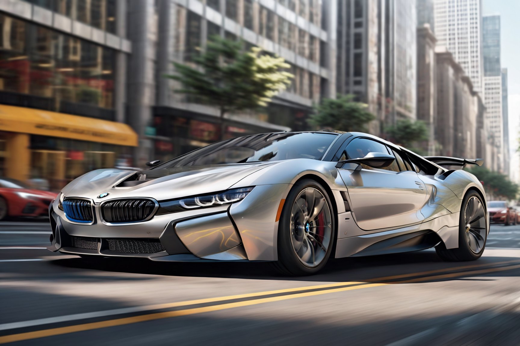 A sleek silver supercar, inspired by BMW  cutting-edge design, glides down a bustling city street at noon. The vehicle's sharp lines and angular shape are accentuated by black spoked wheels that seem to stretch out like dark tentacles. The front view is symmetrical, with the car's nose pointed straight ahead as if ready to pounce. The cityscape background provides a vibrant contrast to the supercar's matte finish, with towering skyscrapers and bustling pedestrians creating a dynamic urban landscape.