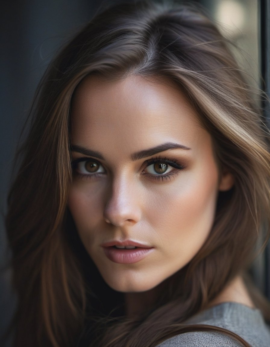 A close up portrait of 30 y.o English woman looking at camera, slim body, long brown hair, (Tori Black:0.99), dark theme, soothing tones, muted colors, high contrast, (natural skin texture, hyperrealism, soft light, sharp), (((perfect face))), grunge clothes, Cannon EOS 5D Mark III, 85mm
