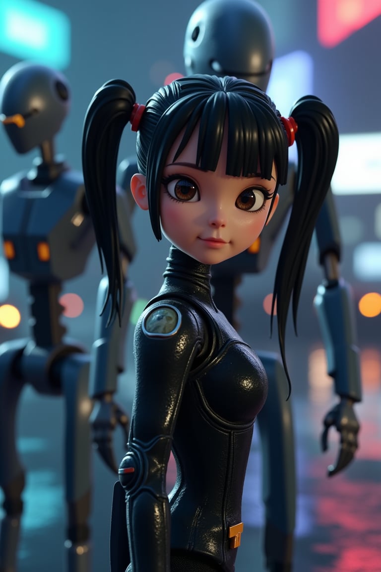 1Anime girl, full body, 3D cartoon figure girl, with great attention to detail, beautiful and delicate eyes, wearing shiny black flight suit clothes, being arrested by 2 big droids, standing on next to a futuristic space ship, at night in the rain. detailed, dynamic beautiful pose, dynamic pose, natural light, ((realistic)) quality: 1.2), dynamic distance shot, cinematic lighting, perfect composition, super detail, masterpiece, (best) quality: 1.3), reflection, high resolution CG Unity 8K wallpaper, simple background, masterpiece, (photorealistic): 1.2), random angle, side angle, full body,