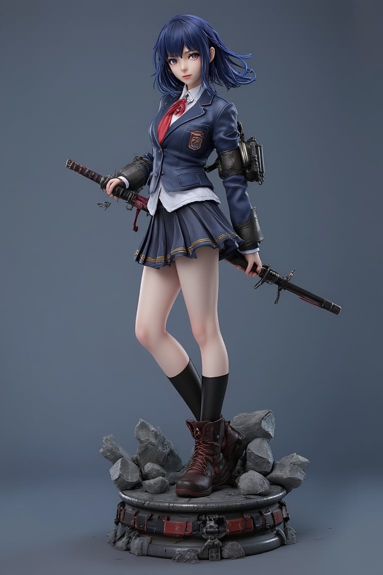 ((1woman)),  Anime girl, full body, 3D figure girl, with great attention to detail, beautiful and delicate eyes, Cyberpunk anime girl, wearing school clothes, holding a long sword standing on a rubble base, detailed, dynamic beautiful pose, dynamic pose, natural light, ((realistic)) quality: 1.2), dynamic distance shot, cinematic lighting, perfect composition, super detail, masterpiece, (best) quality: 1.3), reflection, high resolution CG Unity 8K wallpaper, simple background, masterpiece, (photorealistic): 1.2), random angle, side angle, full body, Mikdef,resin