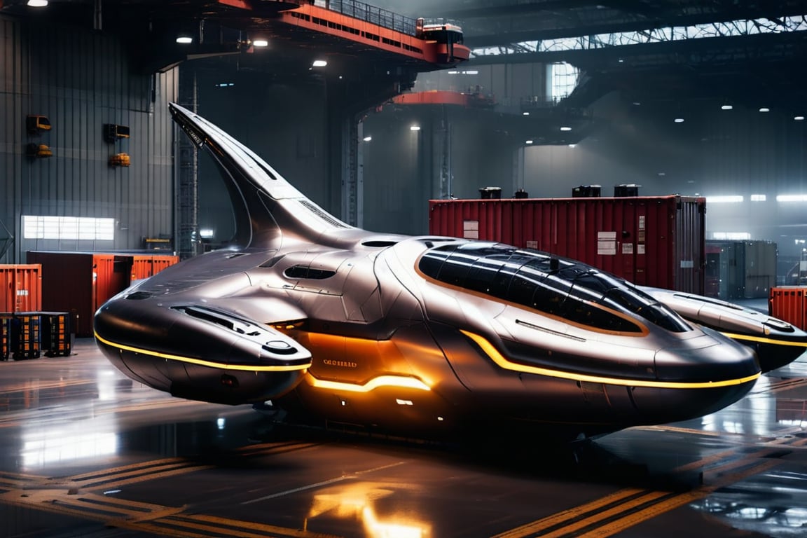 A small, sleek spacecraft parked on a  metallic runway of a bustling spaceport, surrounded by towering storage containers and humming machinery. The ship's retro-futuristic design features gleaming metal panels, curved lines, and a distinctive finned tail. Against the dimly lit backdrop, the ship's landing lights cast a warm glow on the dusty surface.,Hovercraft, Full image,ek_rcfr0nt_left