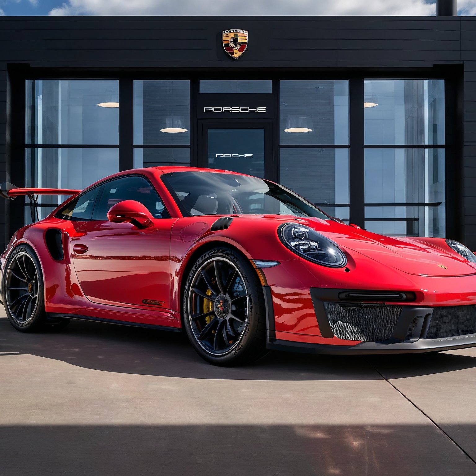 In a breathtakingly clear 8K high-resolution image, a sleek Porsche 911 sits majestically outside a gleaming luxury showroom. The sun shines brightly overhead, casting a warm glow on the vehicle's perfect wheels and precision-cut lines. Framed by the building's sleek facade, the 911 takes center stage, a rear view showing its powerful stance accentuated by the subtle curvature of the showroom's architecture.,Porsche