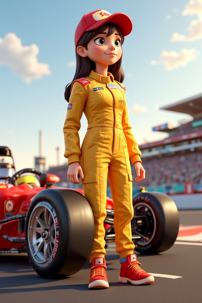 2Anime girls, full body, 3D cartoon figure girl, with great attention to detail, beautiful and delicate eyes, motor racer anime girls, wearing yellow racing clothes, standing on next to a race car, detailed, dynamic beautiful pose, dynamic pose, natural light, to scale, ((realistic)) quality: 1.2), dynamic distance shot, cinematic lighting, perfect composition, super detail, masterpiece, (best) quality: 1.3), reflection, high resolution CG Unity 8K wallpaper, simple background, masterpiece, (photorealistic): 1.2), random angle, side angle, full body,