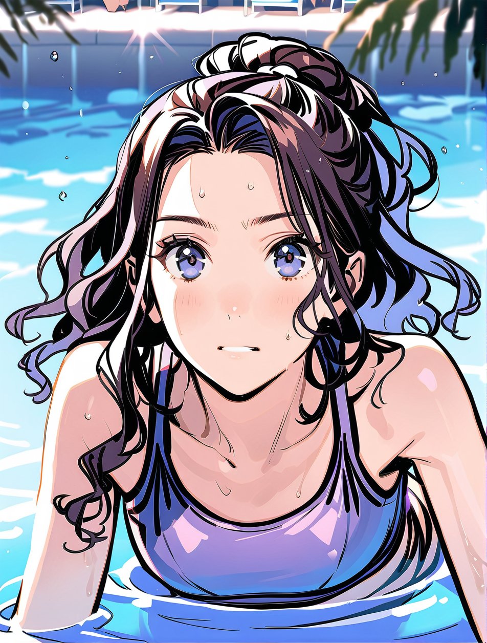 An Anime girl with black wet shiny hair,  wearing a purple swimsuit, swimming in a pool at a sunny beach resort,aesthetic