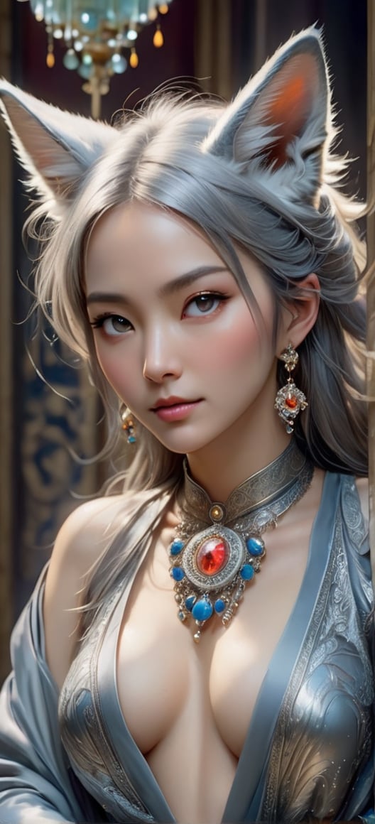 A solitary, solemn one-eyed female kitsune mage draped in a worn, slate-grey robe adorned with an assortment of intricate trinkets and shiny baubles, including chains and pendants. Her piercing gaze reflects ancient wisdom, hidden behind a fringe of silver hair. This vivid portrait, likely a detailed painting, captures the mage's enigmatic aura in stunning clarity. Every intricate detail, from the shimmering gemstones to the delicate etchings on her robe, showcases the artist's skill and attention to nuance. A masterful blend of mystery and elegance, this image promises to enchant any viewer with its mesmerizing allure. Full body portrait,  Lingerie, large breasts, resting,  8k resolution photorealistic masterpiece: by Aaron Horkey and Jeremy Mann: intricately detailed fluid gouache painting: by Jean Baptiste Mongue: calligraphy: acrylic: watercolor art, professional photography, natural lighting, volumetric lighting maximalist photoillustration: by marton bobzert: 8k resolution concept art intricately detailed, complex, elegant, expansive, fantastical, style,SteelHeartQuiron character,Movie Still,Film Still