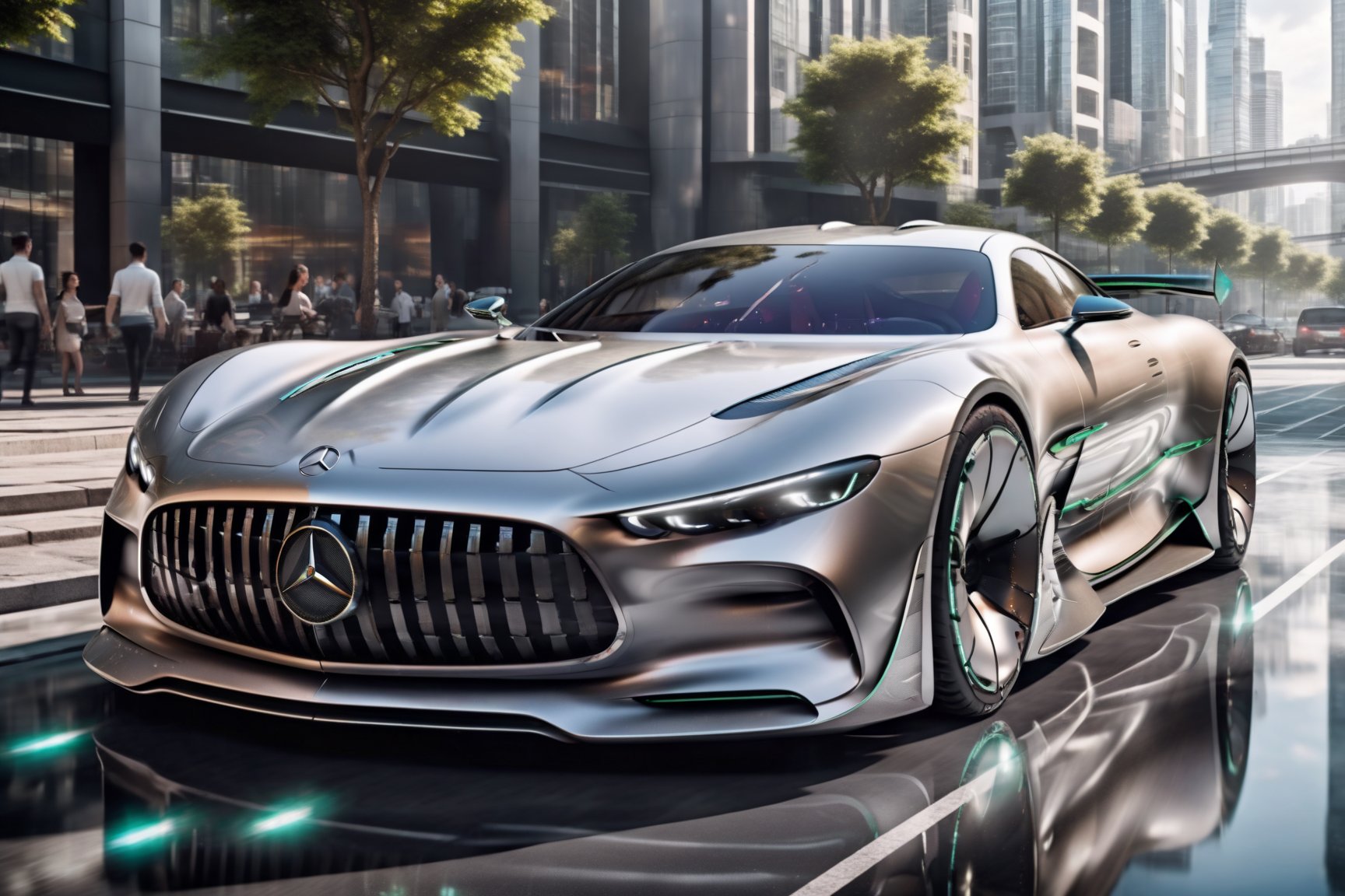 A futuristic hi-tech  Super car inspired by Mercedes inspired Super car, Silver, black spoked wheels, on the road in city area background, at mid day time, front view, symmetrical, 